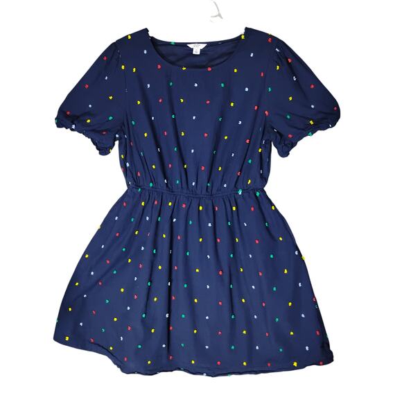 Crown & Ivy Dress Large Dark Blue with Colorful Fuzzy Pom Pom Texture Pullover - Picture 3 of 9